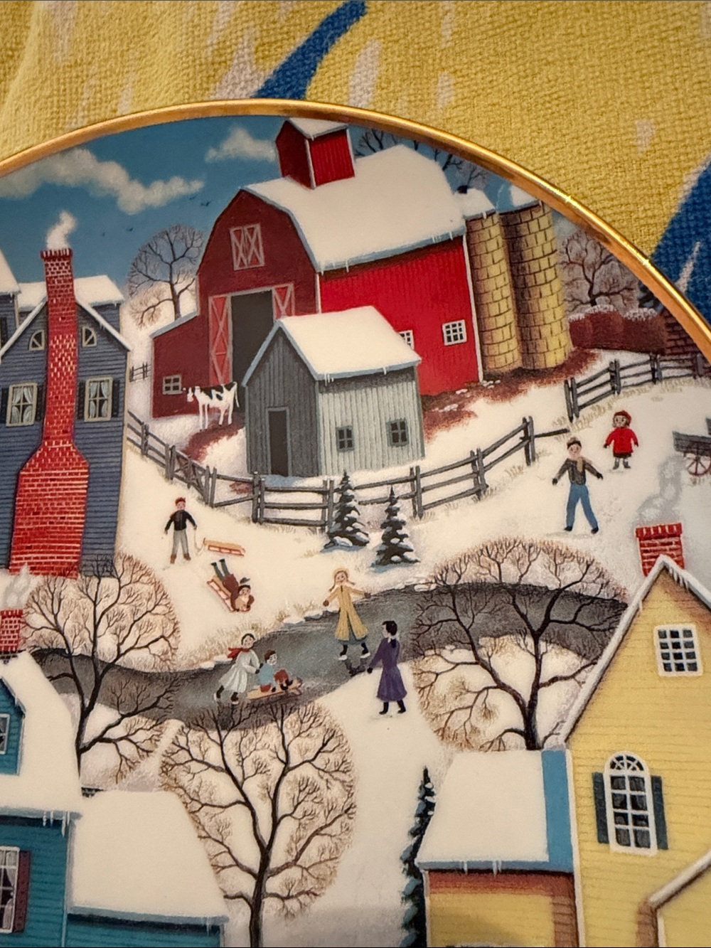 Steven Klein Holiday Village Decorative Plate - Blue/Yellow Scenic Winter Design